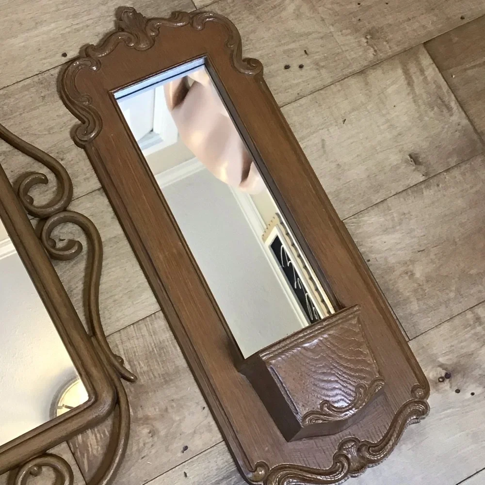 Vintage Homco Syroco Faux Wood Rattan Wall Mirrors Set Pocket Planter Shelf 1981